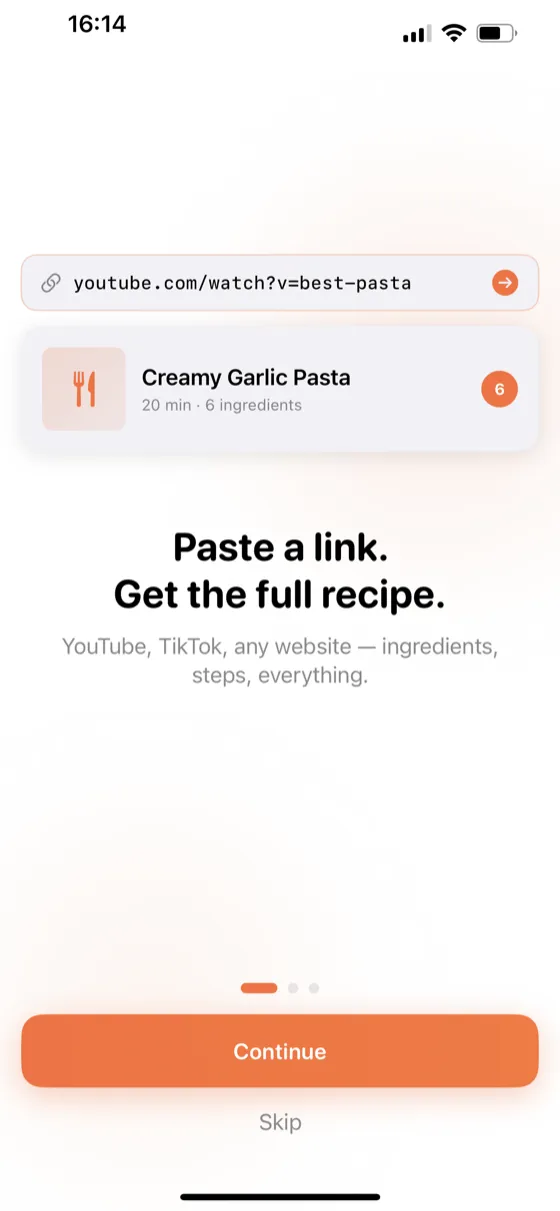 Paste a YouTube or TikTok link to extract the recipe