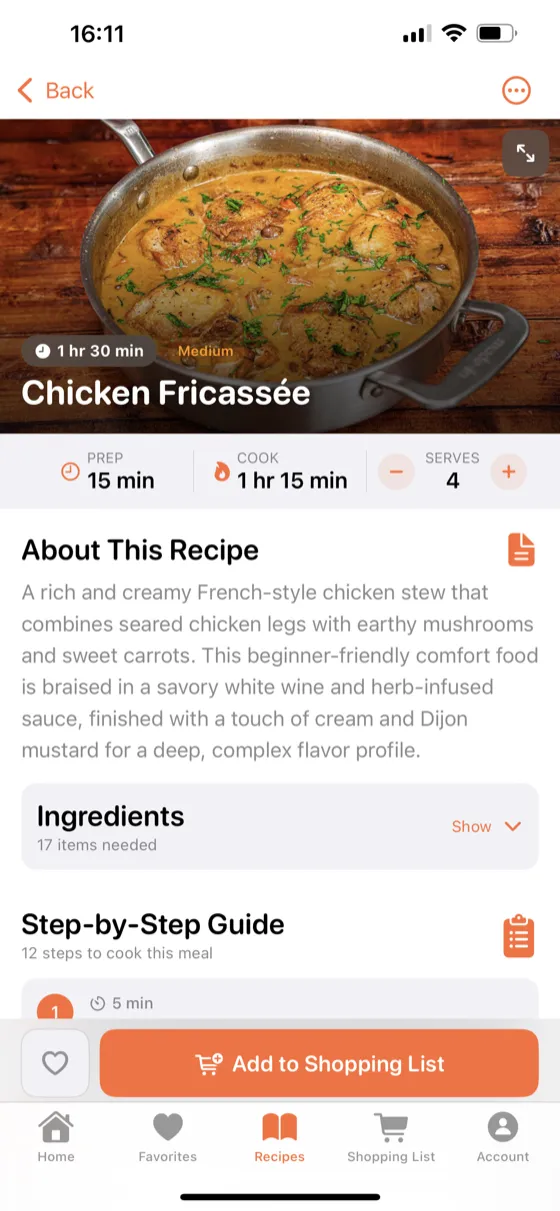 Full recipe detail view with photo, ingredients, and steps